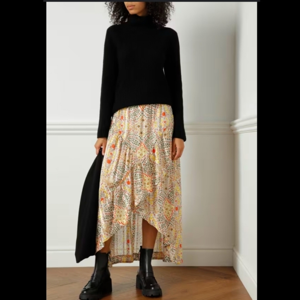 BA&SH Hall Wrap Floral Print Jacquard Ruffle Asymmetrical Skirt Medium